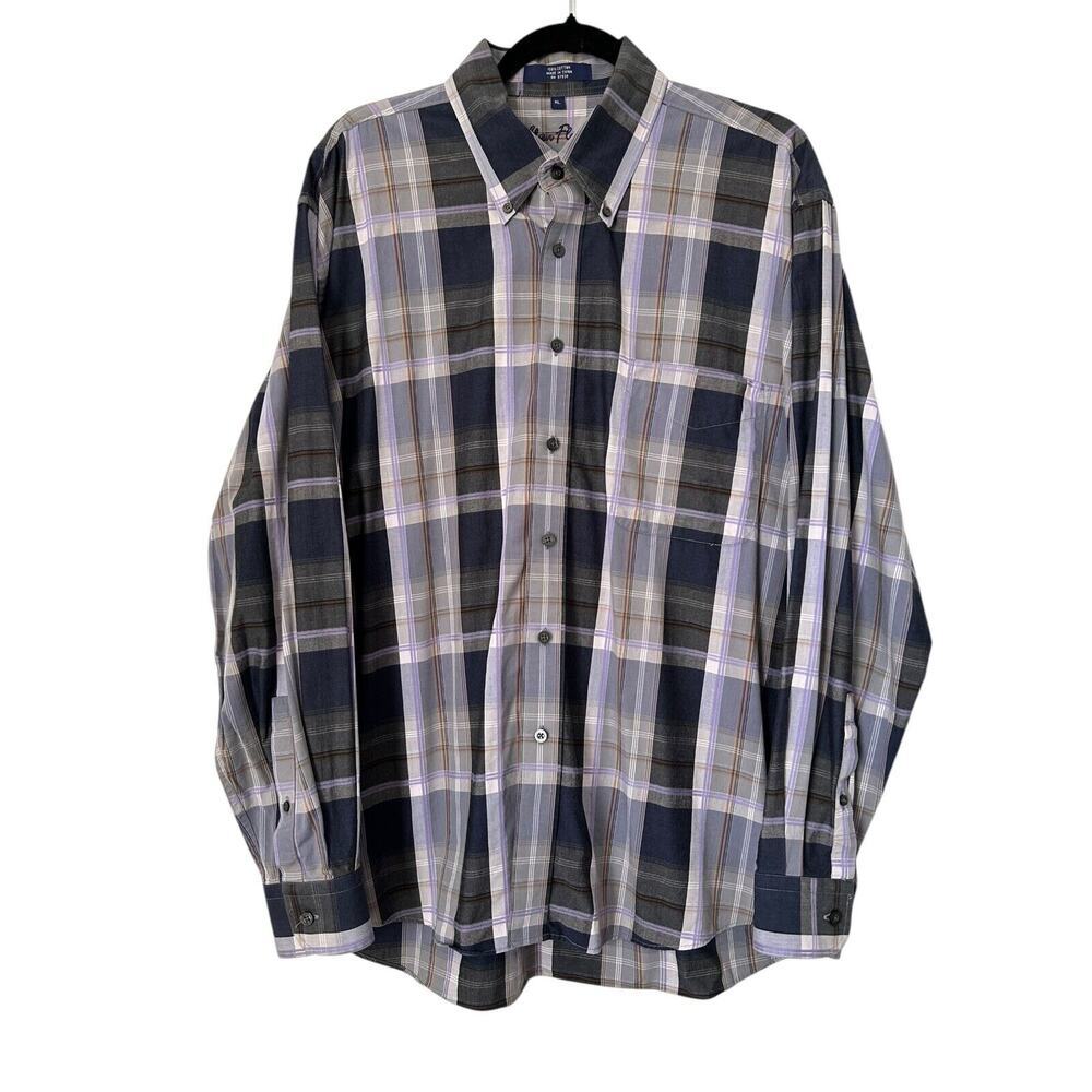 Alan Flusser Shirt Men's Size XL Purple Plaid Cotton Long Sleeve Button Down